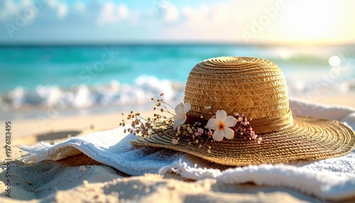Woven straw sun hat with delicate floral decorations rests on a sandy beach near the ocean