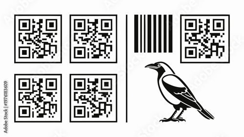 A black and white vector graphic of a magpie standing next to a barcode and surrounded by QR codes