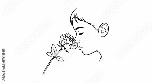 A delicate line drawing captures a child's profile as they inhale the fragrance of a single rose