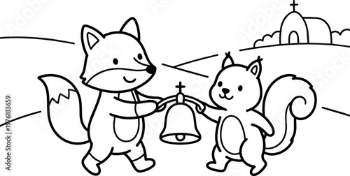 Cute fox and squirrel ringing church bell line art vector illustration