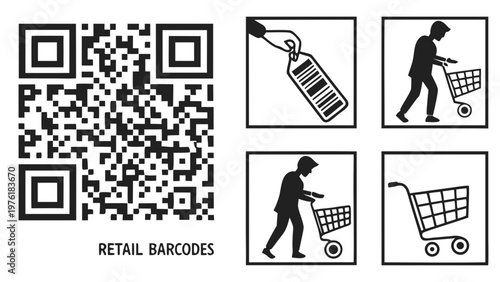 A vector graphic illustration of retail barcodes and shopping icons