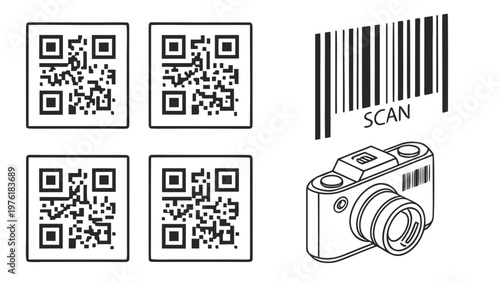 A vector graphic illustration of QR codes and a camera with a barcode