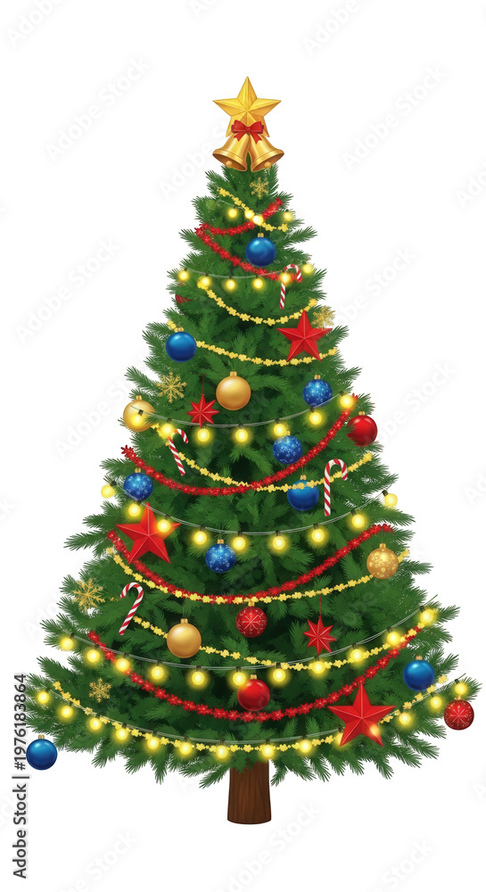 Naklejka premium A tall lush green pine tree decorated with glowing yellow string lights colorful round ornaments shiny red stars candy canes and a large golden star with bells on the top