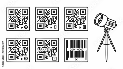 A vector graphic illustration of various barcode and QR code designs with a telescope on a tripod