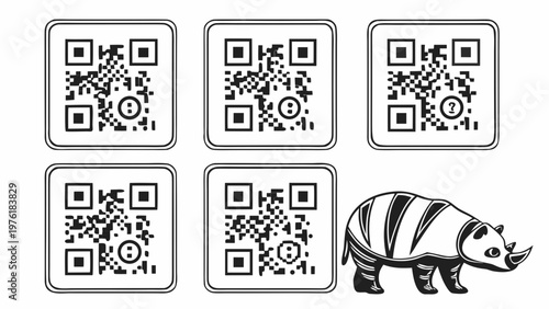A black and white vector graphic illustration of a rhino standing next to five QR code icons