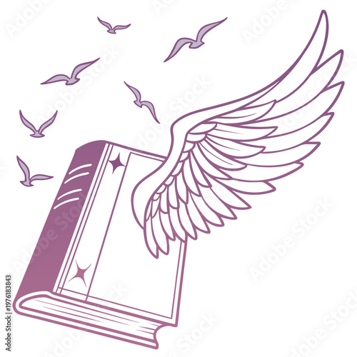 Book with angel wings opens to reveal birds flying out from pages, symbolizing imagination and knowledge.