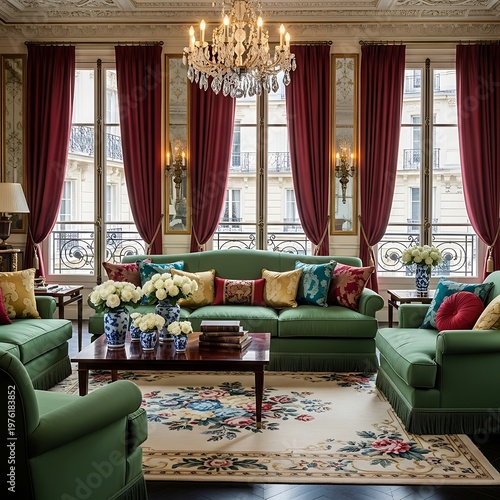 Elegant Living Room with Green Sofa and Burgundy Curtains.