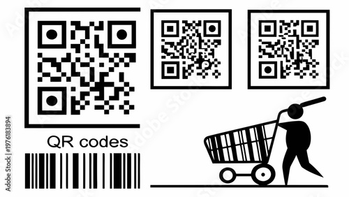 A vector graphic illustration of QR codes and a shopping cart with a person pushing it