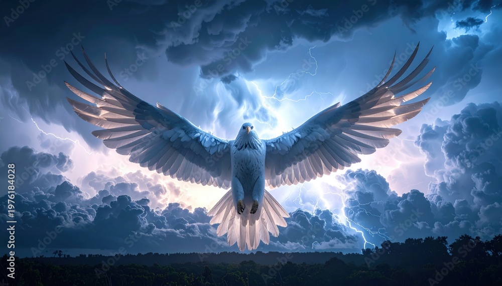Obraz premium Majestic Thunderbird Bird Spreads Wings Amidst Dramatic Stormy Sky with Lightning