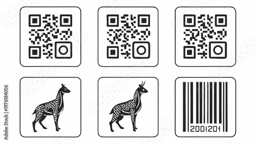 A vector graphic illustration of various barcodes and animal icons in a flat design style