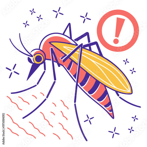 Professional mosquito vector art depicting insect biting skin with red warning circle and star shapes for healthcare and pest control information.