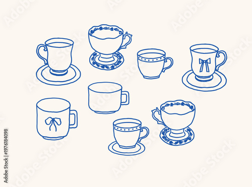Cups and saucers. Vintage porcelain. Tableware, table setting, life style. Line art aesthetic graphic. Blue tea mugs. Vector illustrationsю on isolated background. Design for party, cafe, menu, card
