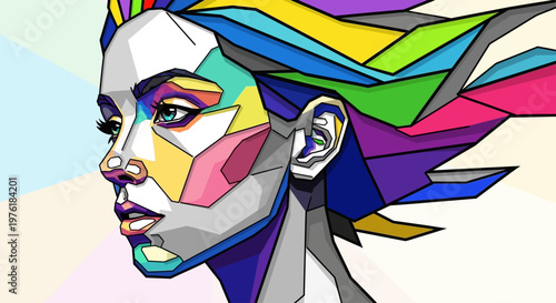 Woman Face Colorful Geometric Art Portrait.