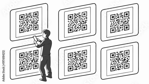 A minimalist vector illustration of a man scanning a large QR code with multiple codes in the background