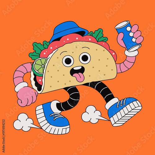 Energetic cartoon taco mascot with a blue bucket hat, holding a soda can, running on an orange background.