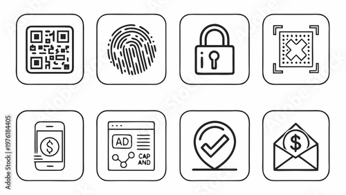 A set of eight black and white vector icons representing various digital security and payment concepts