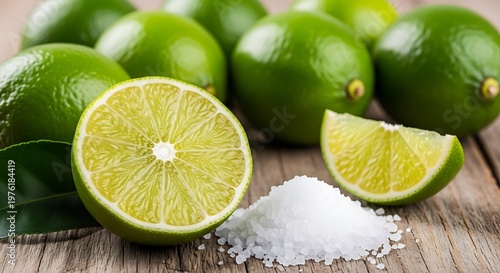 Fresh green limes with sea salt on wooden table, organic citrus fruit slices for cocktails, vibrant lime halves and whole fruits