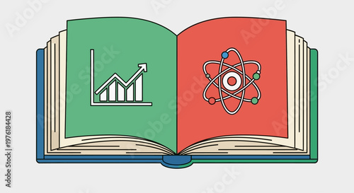 Open book with science and graph.