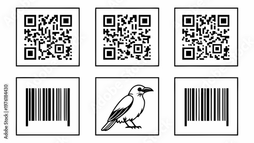 A vector graphic illustration of QR codes and barcodes with a bird icon