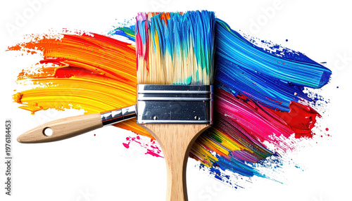 Paintbrush central, vibrant brushstrokes radiating with multicolored hues. A bright array of art supplies