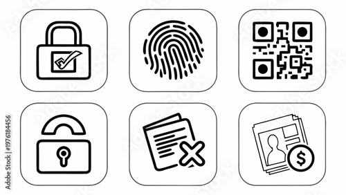 A set of six security icons including padlocks, fingerprint, QR code, and documents with a flat, minimal design style.