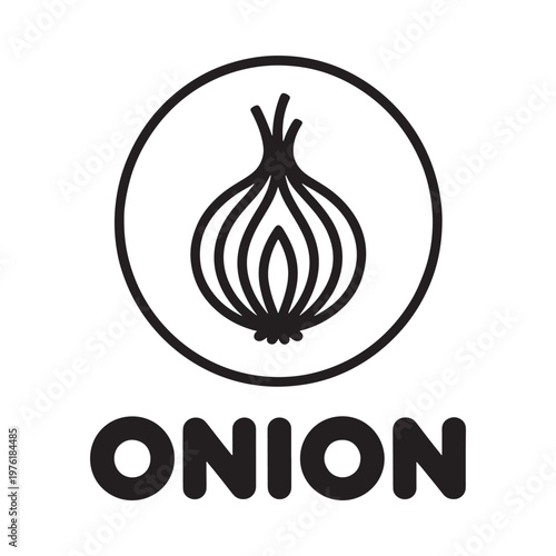 Simple black and white illustration of an onion with text label
