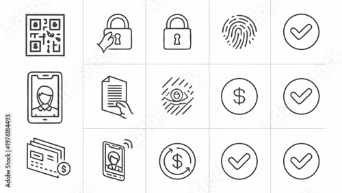 A set of flat line art icons representing various security and payment concepts