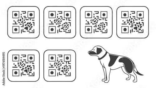 A black and white illustration of a dog standing next to a series of QR code icons.