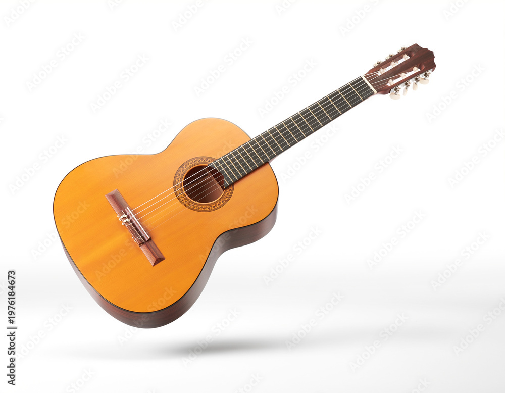 Fototapeta premium Acoustic guitar with a polished wooden body, suspended in mid-air against a clean white background