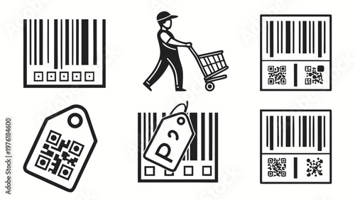 A set of vector graphics depicting various barcode and shopping icons on a white background