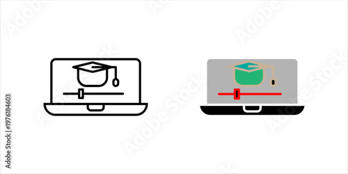 Outline icon set. illustration of laptop with graduation cap representing online courses, digital education, e-learning, and academic achievement.