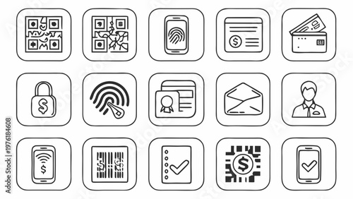 A set of black and white vector icons depicting various payment and security symbols