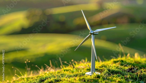 Miniature wind turbine model stands on a grassy hillside bathed in warm sunlight
