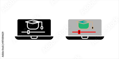 Outline icon set. illustration of laptop with graduation cap representing online courses, digital education, e-learning, and academic achievement.