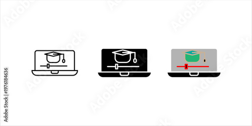 Outline icon set. illustration of laptop with graduation cap representing online courses, digital education, e-learning, and academic achievement.
