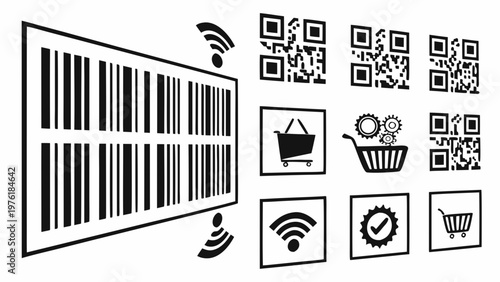 A vector graphic illustration of a barcode with various shopping and technology icons