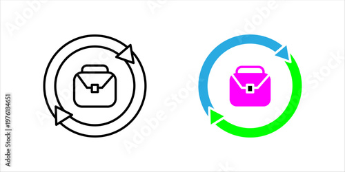 Line icon set. of briefcase surrounded by circular arrows representing business workflow, process cycle, task management, and continuous operations.