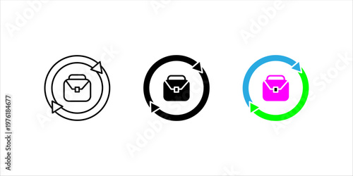Line icon set. of briefcase surrounded by circular arrows representing business workflow, process cycle, task management, and continuous operations.
