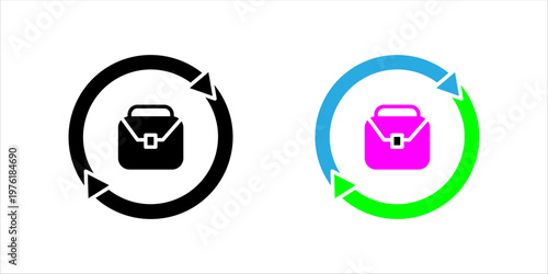 Line icon set. of briefcase surrounded by circular arrows representing business workflow, process cycle, task management, and continuous operations.