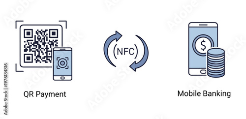 Mobile payment and banking technology icons.