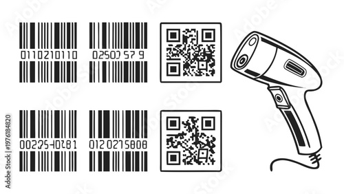 A vector graphic illustration of a barcode scanner and various barcodes and QR codes on a white background