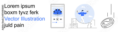 Digital transformation, mindfulness, cryptocurrency, mobile apps, tech innovation, and finance. Smartphone interface, person meditating and a coin icon. Digital transformation and mindfulness