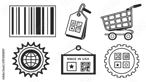 A set of black and white vector icons representing e-commerce and product labels
