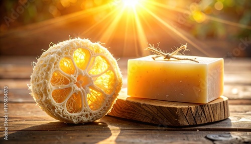 Natural Loofah Slice and Organic Soap Bar Bathed in Warm Golden Sunlight for Luxurious Skincare