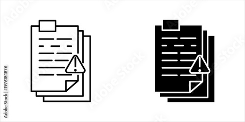 Minimal outline icon set. of stacked documents with warning symbol representing file issues, document alert, report errors, and administrative review