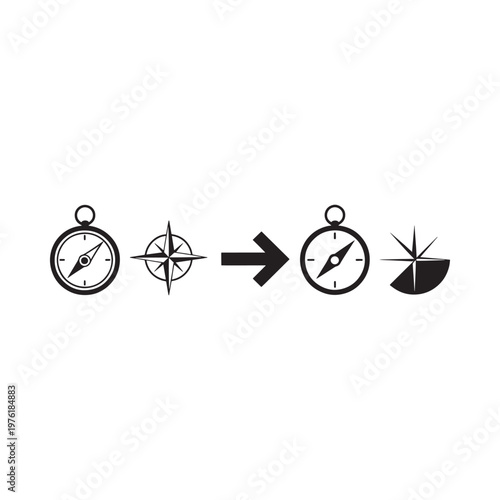 Black and white icons depicting navigation tools and directional indicators