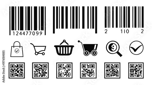 A collection of shopping icons and barcode symbols in a flat, minimalist design
