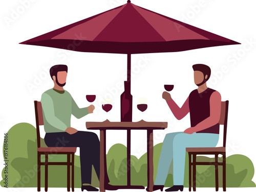Couple Drinking Wine at Outdoor Cafe Table Romantic Date Conversation Lifestyle Flat Vector Illustration