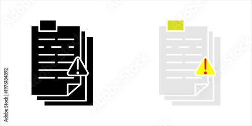 Minimal outline icon set. of stacked documents with warning symbol representing file issues, document alert, report errors, and administrative review