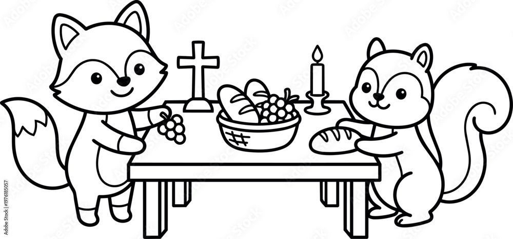 Obraz premium Cute fox and squirrel sharing bread and grapes at table with cross and candle line art